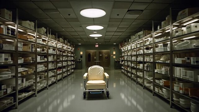 empty hospital pharmacy storage room with wheelchair