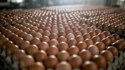Obraz premium Vast array of fresh brown eggs perfectly organized in industrial trays moving through a bright processing facility