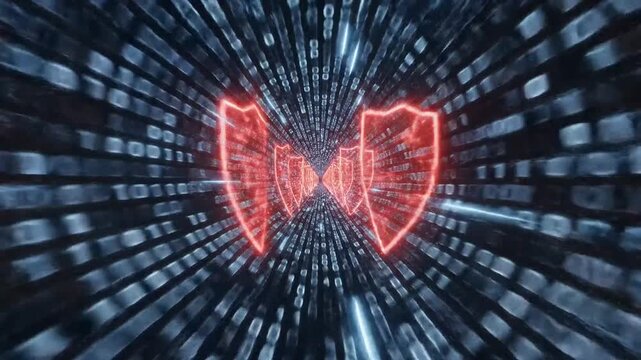 Abstract digital tunnel with binary code and glowing red shield symbols representing cybersecurity