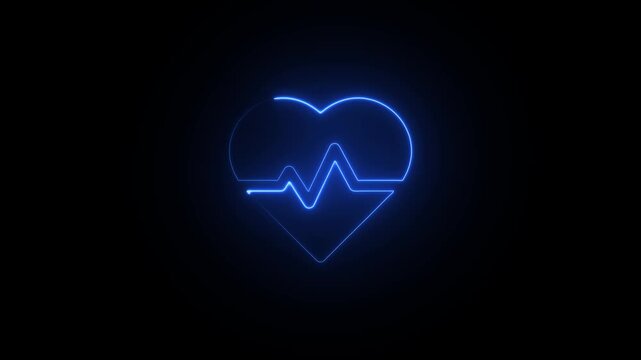 Blue Neon Heartbeat Line Graph Pulse Symbol on Black Background Medical Health Technology
