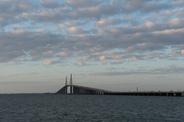 Wide View of Sunshine Skyway Bridge Under Evening Clouds