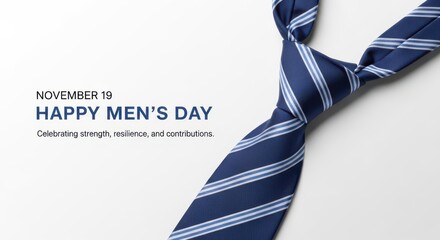 Happy mens day on november 19th, with a blue striped tie on a white background, celebrating men and masculinity