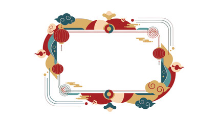 Obraz premium Decorative frame with red, gold, and blue elements for Chinese New Year 2026 on a white background with a festive and celebratory mood.