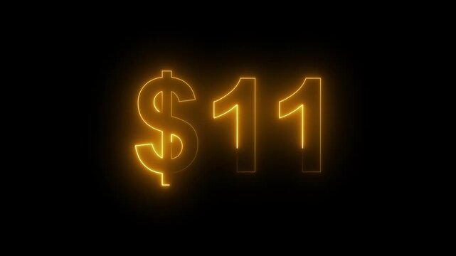 Glowing neon $11 price sign on dark background. Money symbol, sale, cost, price display, retail sale, finance, Value, Sale, Marketing Background.