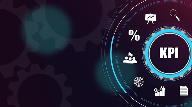 Key performance indicator kpi text on digital interface with abstract gear background and business symbols