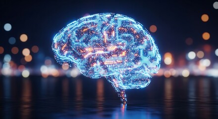 Abstract glowing digital brain made of circuits and light, representing artificial intelligence and neural networks on a dark background with bokeh lights