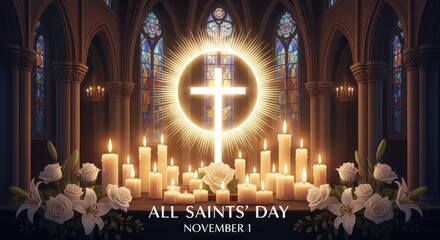 All saints day remembrance with a glowing cross in a church surrounded by candles and flowers, november 1