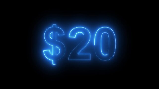 Glowing neon $20 price sign on dark background. Money symbol, sale, cost, price display, retail sale, finance, Value, Sale, Marketing Background.
