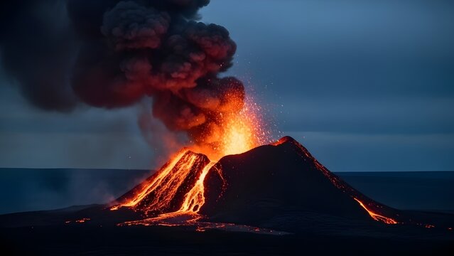 A stunning nighttime photograph of a volcano erupting with intense power. Bright orange lava fountains burst from the crater, illuminating a massive dark smoke plume. Glowing rivers of molten lava cas