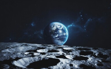 The Earth hangs as a blue marble in the dark, star-filled sky, viewed from the cratered surface of the moon.