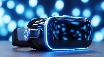 Futuristic virtual reality headset with glowing blue light on a dark background, representing immersion and advanced technology