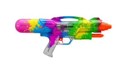 Colorful water gun toy with paint splatter design, isolated on transparent background