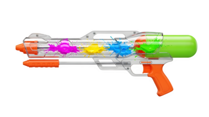 Colorful water gun toy with splashes of paint isolated on transparent background