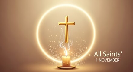 Golden cross illuminated by a glowing halo above a lit candle, symbolizing all saints day on november 1st