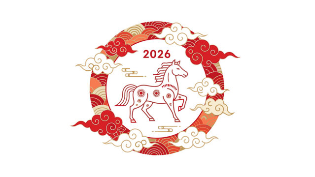 A vibrant illustration of a fire horse for a 2026 Chinese New Year greeting card with a circular design and bold red and gold patterns on a white background.