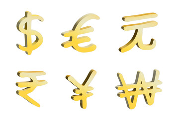 Obraz premium 3d multiple currencies symbol set Dollar euro yuan yen won rupee
