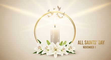 A white candle surrounded by lilies and a golden ring with flying doves, marking all saints day on november 1st