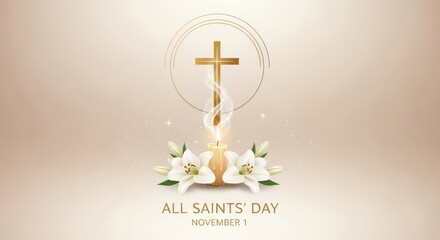 Golden cross with lilies and bokeh lights, celebrating all saints day with a spiritual and elegant design