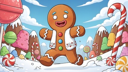 Cartoon Gingerbread Man Running Through a Winter Candy Land with Lollipops and Candy Canes