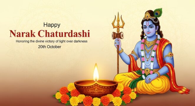 Lord krishna sitting with a diya and trident, celebrating narak chaturdashi, a hindu festival of light