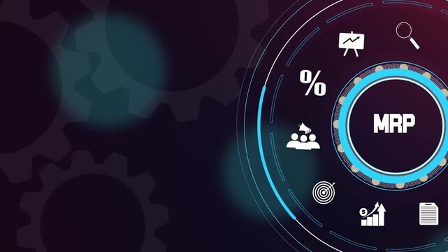 Mrp concept displayed on a digital interface with abstract gear wheels, business icons, and strategy symbols