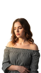 Elegant Young Woman with Wavy Brown Hair Wearing Off shoulder Checkered Dress