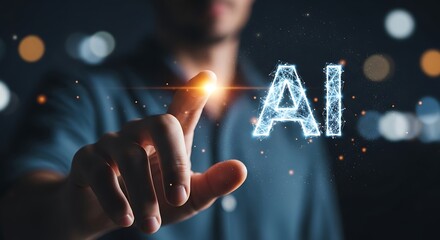 Mans finger touching glowing ai text, representing artificial intelligence and future technology concept