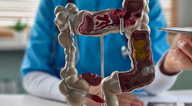 Doctor examining medical model of human digestive system ulcer and oncology concept