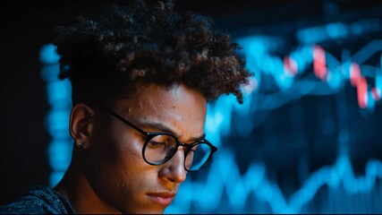 A thoughtful young adult gazes at financial graphs on a screen.