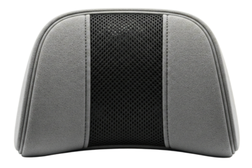 Grey car seat neck rest pillow with breathable black mesh center isolated with transparent background