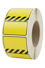 Roll of yellow adhesive warning labels with black hazard stripes isolated with transparent background