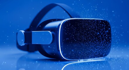 Virtual reality headset with glowing blue edges and particles, set against a blurred blue background, symbolizing immersive technology