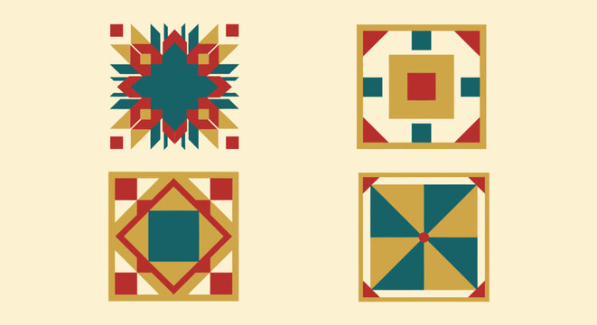 Set of four colorful geometric quilt block patterns with intricate designs.