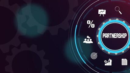 Partnership concept on digital futuristic interface with abstract gear wheels, teamwork icons, and symbols - Powered by Adobe