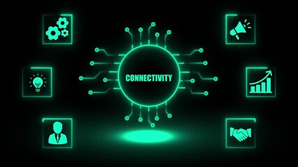 Digital connectivity concept with glowing neon circuit board central hub and surrounding icons for business growth ideas teamwork communication and technology innovation - Powered by Adobe