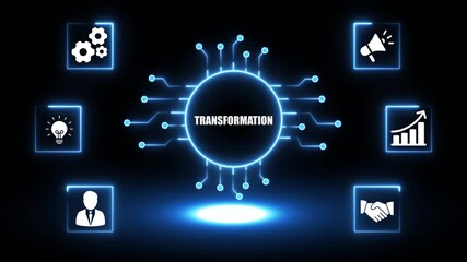 Digital transformation concept with glowing circuit board and interconnected icons representing business growth innovation communication and partnership on dark background - Powered by Adobe