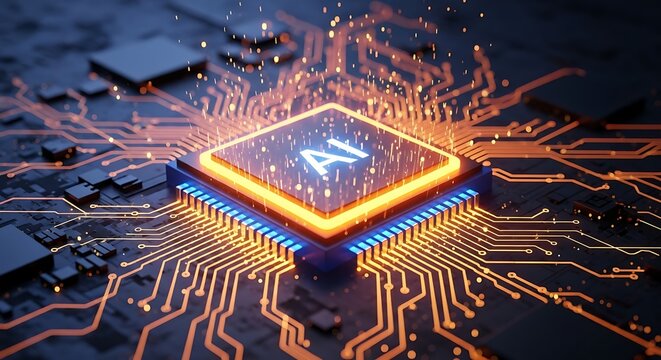 Closeup of a glowing ai chip on a complex circuit board, representing advanced technology, data processing, and artificial intelligence - Powered by Adobe