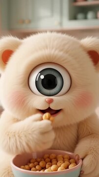 Adorable cyclops creature eating breakfast cereal