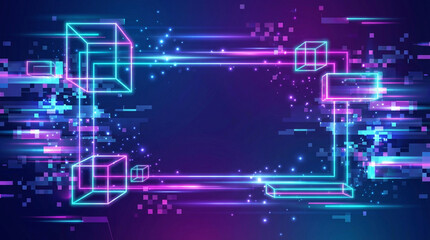 Naklejka premium ネオンに輝くキラキラした立体キューブの未来的デジタル背景