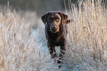 Chocolate brown Labrador retriever hunting in a grassy field during early morning light