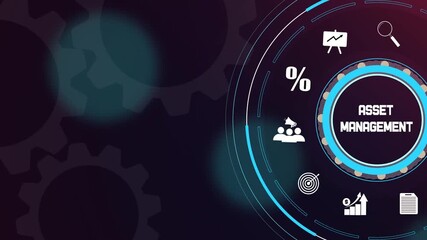 Asset management concept on digital futuristic interface with abstract gear wheels and business icons - Powered by Adobe
