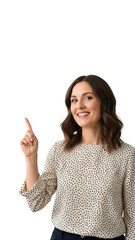 Young Woman Pointing Up with Smiling Expression in Polka Dot Blouse