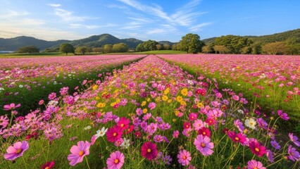 Vast field of pink and yellow cosmos flowers under blue sky.
