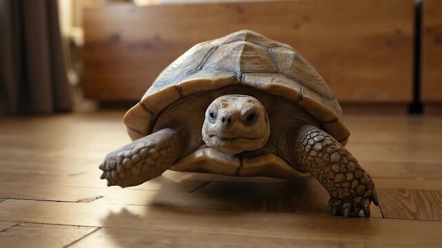 A tortoise exploring a warmly lit indoor space.