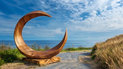 Wooden crescent sculpture overlooking the ocean under a partly cloudy blue sky on a sunny day