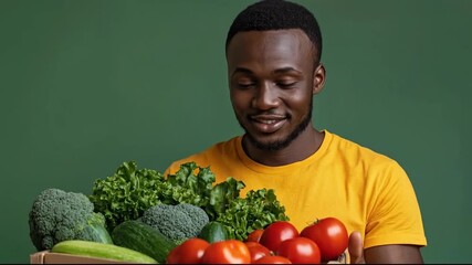 A smiling man holds a variety of fresh vegetables against a green backdrop.