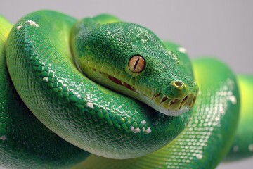 Obraz premium Realistic close-up of a slithering green snake showcasing its vibrant scales and distinctive features in a natural setting during daylight