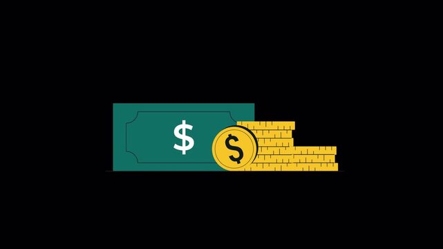 Dollar Banknotes with Coins. Finance Concept Animation Video - Transparent