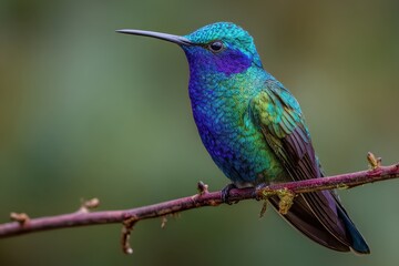 Fototapeta premium Sparkling violetear perched on a branch against a soft background showcasing its vibrant plumage and iridescent colors in a natural habitat