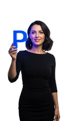 Elegant Woman Holding Blue Letter P in Neon Lighting